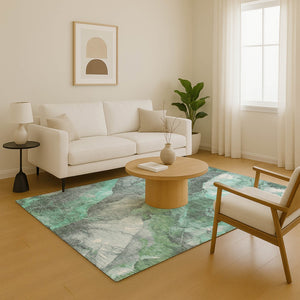 HomeRoots 9' X 12' Teal Gray Ivory Floral Area Rug - Washable, Stain-Resistant, UV Protected for Family Spaces 701400