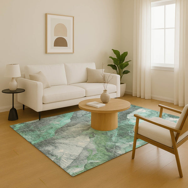 HomeRoots 9' X 12' Teal Gray Ivory Floral Area Rug - Washable, Stain-Resistant, UV Protected for Family Spaces 701400