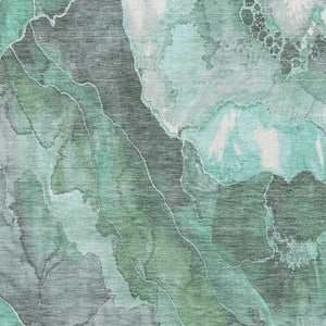HomeRoots 9' X 12' Teal Gray Ivory Floral Area Rug - Washable, Stain-Resistant, UV Protected for Family Spaces 701400