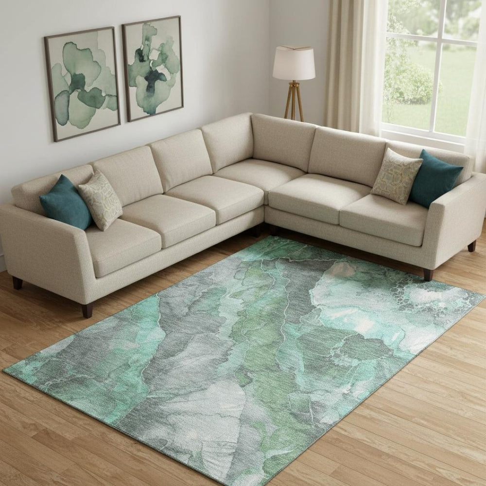 HomeRoots 10' Teal Gray and Ivory Floral Area Rug - Washable, UV-Protected, Perfect for High-Traffic Spaces! 701401