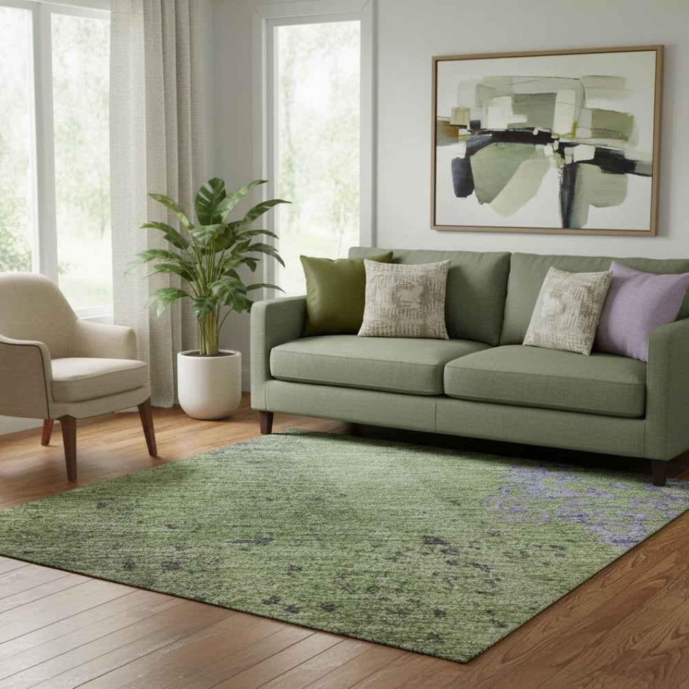 HomeRoots 5' X 8' Stylish Artichoke Green & Purple Floral Washable Area Rug with UV Protection & Non-Slip Backing 701403