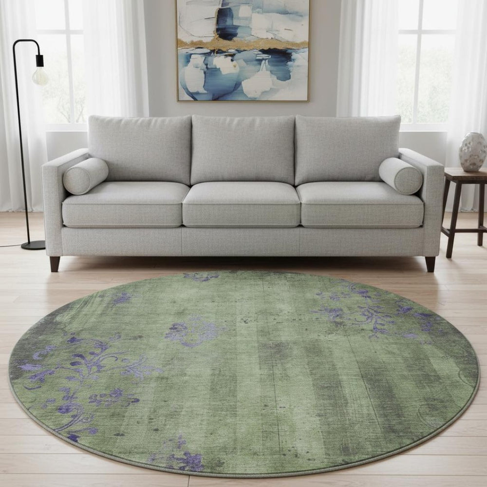 HomeRoots 8' Washable Round Rug in Artichoke Green & Purple Floral Design with UV Protection for Durability 701404