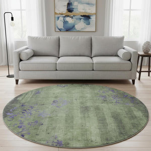 HomeRoots 8' Washable Round Rug in Artichoke Green & Purple Floral Design with UV Protection for Durability 701404
