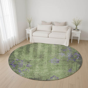 HomeRoots 8' Washable Round Rug in Artichoke Green & Purple Floral Design with UV Protection for Durability 701404