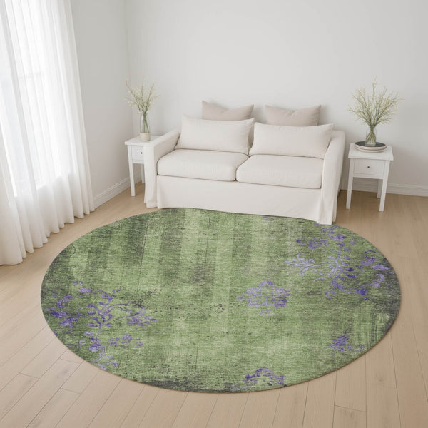 HomeRoots 8' Washable Round Rug in Artichoke Green & Purple Floral Design with UV Protection for Durability 701404