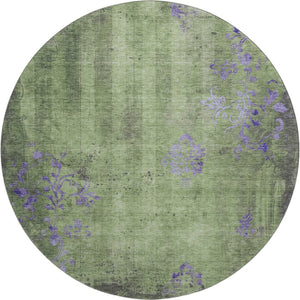 HomeRoots 8' Washable Round Rug in Artichoke Green & Purple Floral Design with UV Protection for Durability 701404
