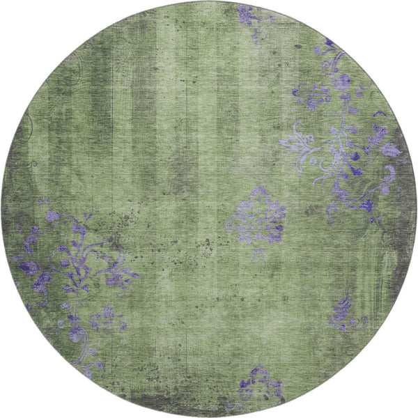 HomeRoots 8' Washable Round Rug in Artichoke Green & Purple Floral Design with UV Protection for Durability 701404
