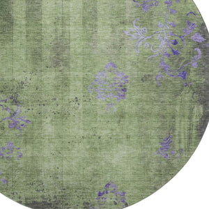 HomeRoots 8' Washable Round Rug in Artichoke Green & Purple Floral Design with UV Protection for Durability 701404