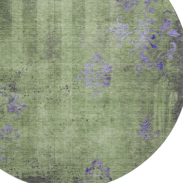 HomeRoots 8' Washable Round Rug in Artichoke Green & Purple Floral Design with UV Protection for Durability 701404