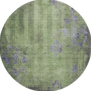 HomeRoots 8' Washable Round Rug in Artichoke Green & Purple Floral Design with UV Protection for Durability 701404