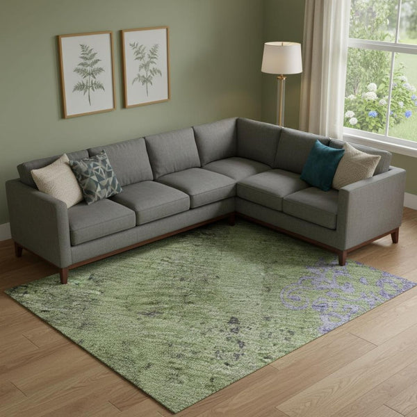 HomeRoots 9' X 12' Artichoke Green Floral Area Rug – Washable, UV Protected, Kid & Pet Friendly, Durable Design 701406