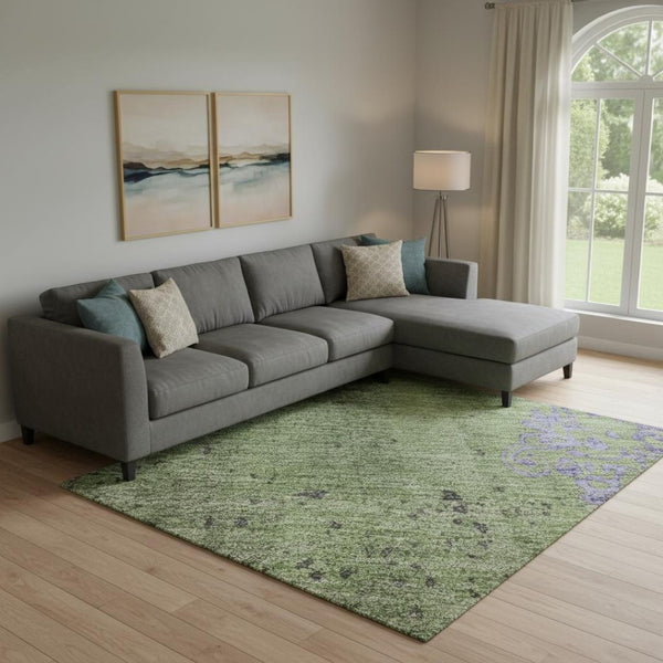 HomeRoots 10' X 14' Artichoke Green & Purple Floral Rug - Durable, Washable, UV Protected for Busy Homes 701407