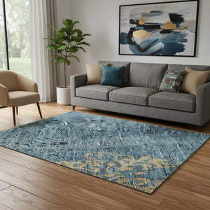HomeRoots 5' X 8' Blue and Gold Floral Area Rug – Stain Resistant, UV Protected, Perfect for Any Room 701409