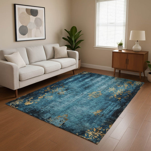 HomeRoots 5' X 8' Blue and Gold Floral Area Rug – Stain Resistant, UV Protected, Perfect for Any Room 701409