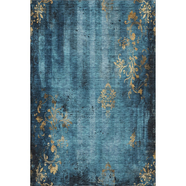 HomeRoots 5' X 8' Blue and Gold Floral Area Rug – Stain Resistant, UV Protected, Perfect for Any Room 701409
