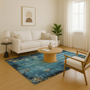 HomeRoots 5' X 8' Blue and Gold Floral Area Rug – Stain Resistant, UV Protected, Perfect for Any Room 701409