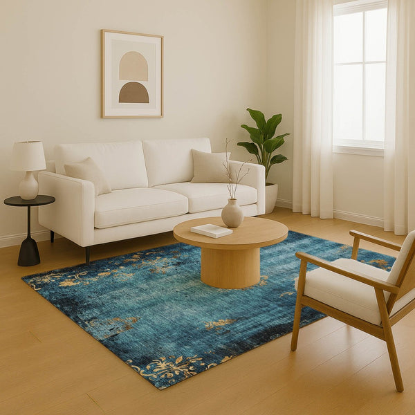 HomeRoots 5' X 8' Blue and Gold Floral Area Rug – Stain Resistant, UV Protected, Perfect for Any Room 701409