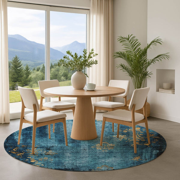 HomeRoots 8' Blue and Gold Floral Round Rug - Washable, UV-Protected, Stain-Resistant for Indoor & Outdoor Use 701410