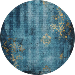 HomeRoots 8' Blue and Gold Floral Round Rug - Washable, UV-Protected, Stain-Resistant for Indoor & Outdoor Use 701410