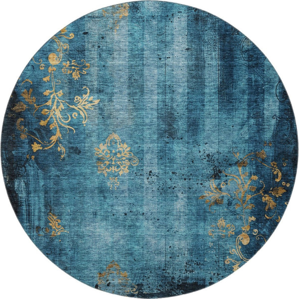 HomeRoots 8' Blue and Gold Floral Round Rug - Washable, UV-Protected, Stain-Resistant for Indoor & Outdoor Use 701410