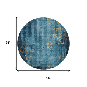 HomeRoots 8' Blue and Gold Floral Round Rug - Washable, UV-Protected, Stain-Resistant for Indoor & Outdoor Use 701410