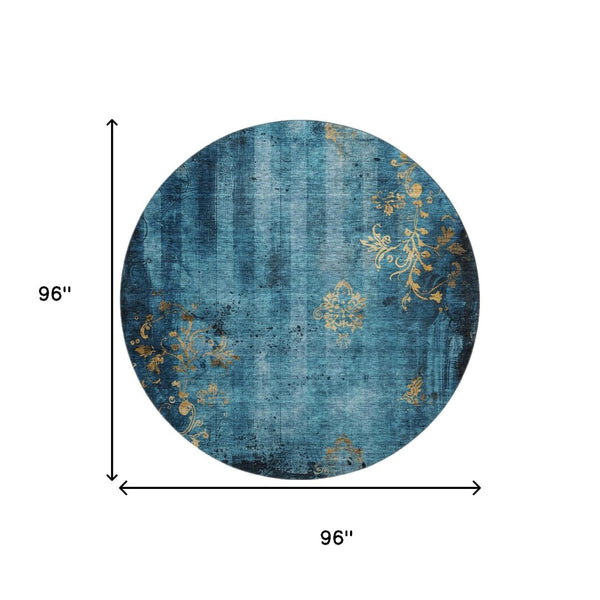 HomeRoots 8' Blue and Gold Floral Round Rug - Washable, UV-Protected, Stain-Resistant for Indoor & Outdoor Use 701410