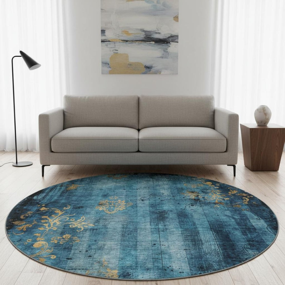 HomeRoots 8' Blue and Gold Floral Round Rug - Washable, UV-Protected, Stain-Resistant for Indoor & Outdoor Use 701410