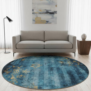 HomeRoots 8' Blue and Gold Floral Round Rug - Washable, UV-Protected, Stain-Resistant for Indoor & Outdoor Use 701410