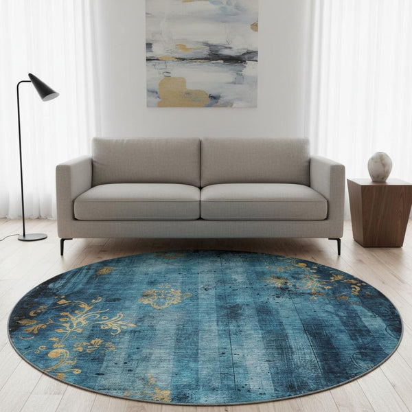 HomeRoots 8' Blue and Gold Floral Round Rug - Washable, UV-Protected, Stain-Resistant for Indoor & Outdoor Use 701410