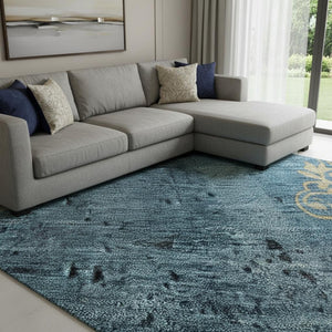 HomeRoots 8' X 10' Blue and Gold Floral Area Rug – Washable, UV Protected, Stain Resistant for Busy Homes! 701411