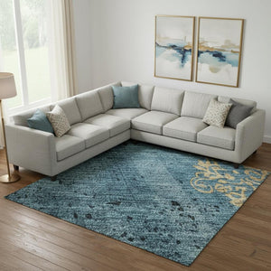 HomeRoots 9' X 12' Blue and Gold Floral Area Rug – Washable, UV Protected, Durable Design for Homes with Kids & Pets 701412