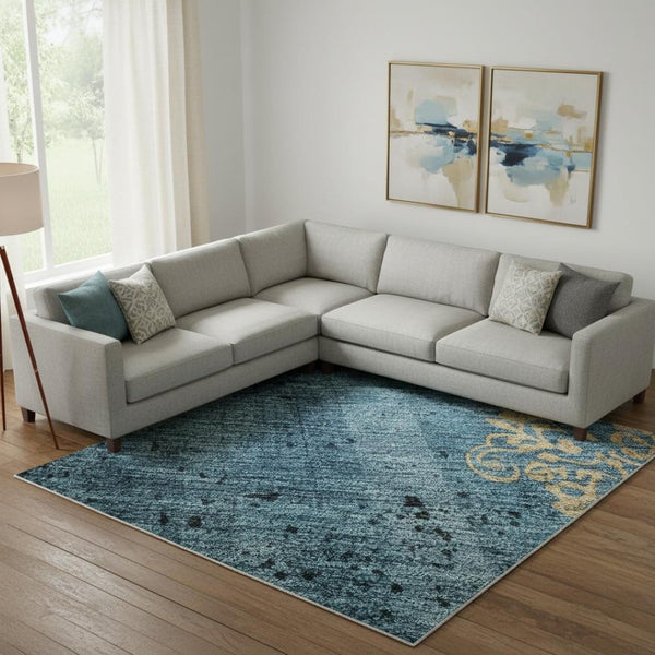 HomeRoots 10' X 14' Blue and Gold Floral Area Rug - Washable, UV Protected, Stain Resistant, Non-Slip Backing 701413