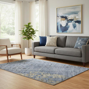 HomeRoots 5' X 8' Denim Blue & Beige Floral Area Rug - Washable, Stain Resistant, UV Protected for High Traffic Areas 701415