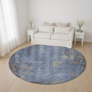 HomeRoots 8' Floral Denim Blue & Beige Washable Round Rug - Durable, Stain-Resistant with UV Protection! 701416