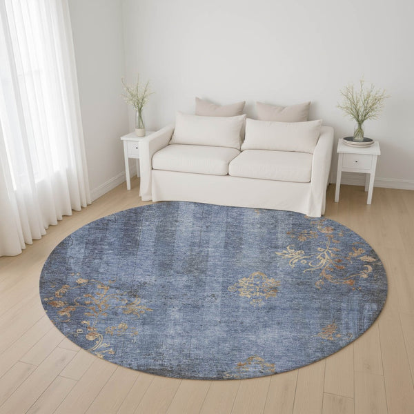 HomeRoots 8' Floral Denim Blue & Beige Washable Round Rug - Durable, Stain-Resistant with UV Protection! 701416