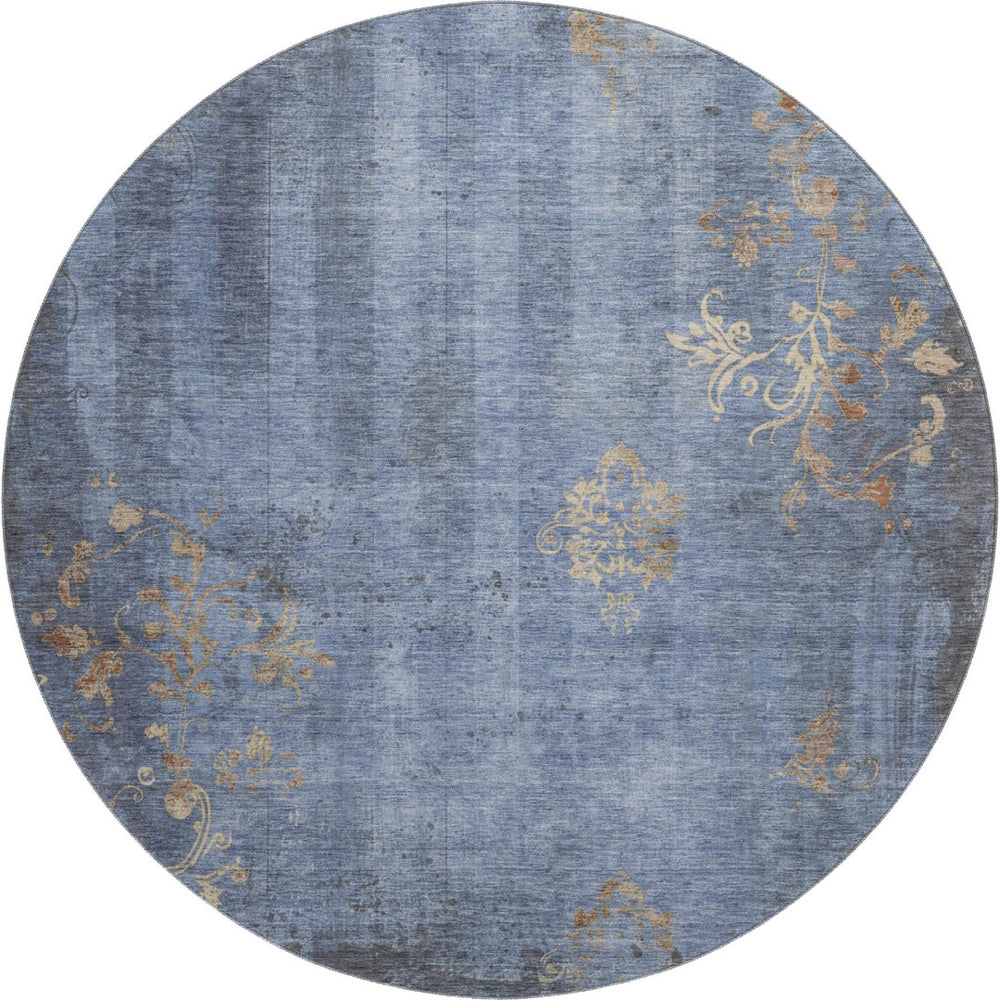 HomeRoots 8' Floral Denim Blue & Beige Washable Round Rug - Durable, Stain-Resistant with UV Protection! 701416