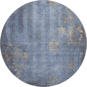HomeRoots 8' Floral Denim Blue & Beige Washable Round Rug - Durable, Stain-Resistant with UV Protection! 701416