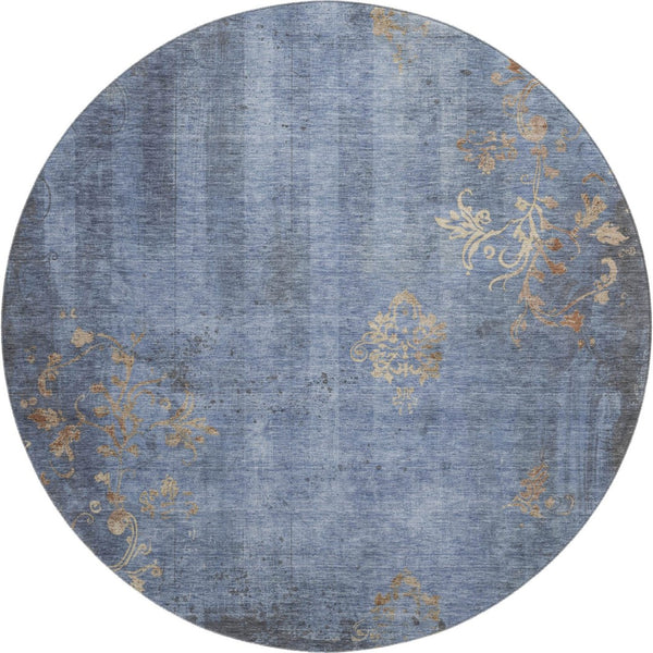 HomeRoots 8' Floral Denim Blue & Beige Washable Round Rug - Durable, Stain-Resistant with UV Protection! 701416