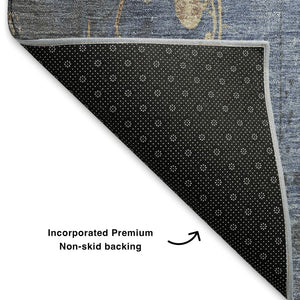 HomeRoots 8' Floral Denim Blue & Beige Washable Round Rug - Durable, Stain-Resistant with UV Protection! 701416