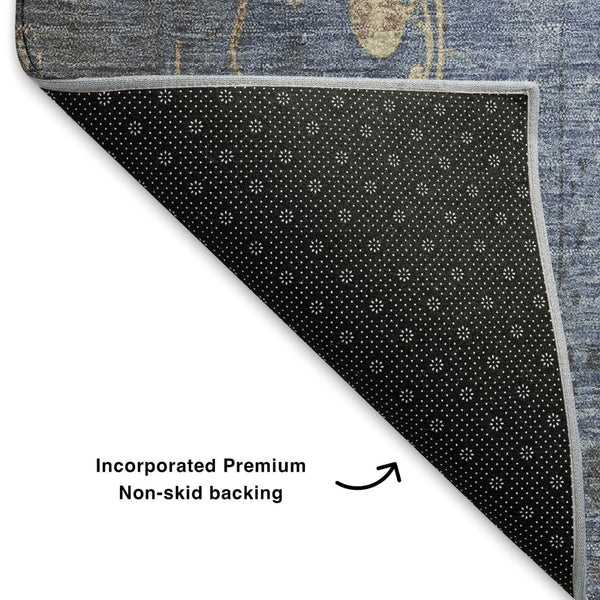 HomeRoots 8' Floral Denim Blue & Beige Washable Round Rug - Durable, Stain-Resistant with UV Protection! 701416
