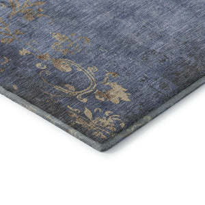 HomeRoots 8' Floral Denim Blue & Beige Washable Round Rug - Durable, Stain-Resistant with UV Protection! 701416