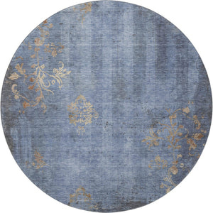 HomeRoots 8' Floral Denim Blue & Beige Washable Round Rug - Durable, Stain-Resistant with UV Protection! 701416