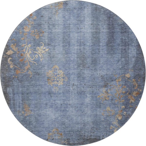 HomeRoots 8' Floral Denim Blue & Beige Washable Round Rug - Durable, Stain-Resistant with UV Protection! 701416