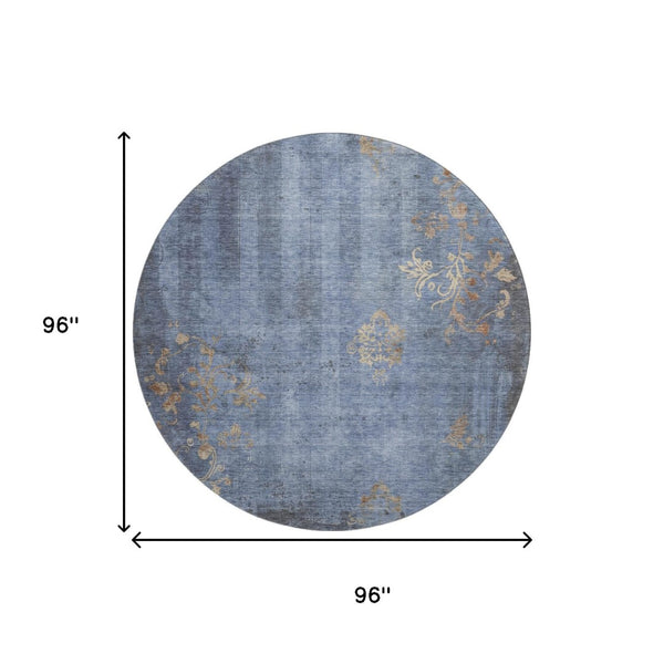 HomeRoots 8' Floral Denim Blue & Beige Washable Round Rug - Durable, Stain-Resistant with UV Protection! 701416