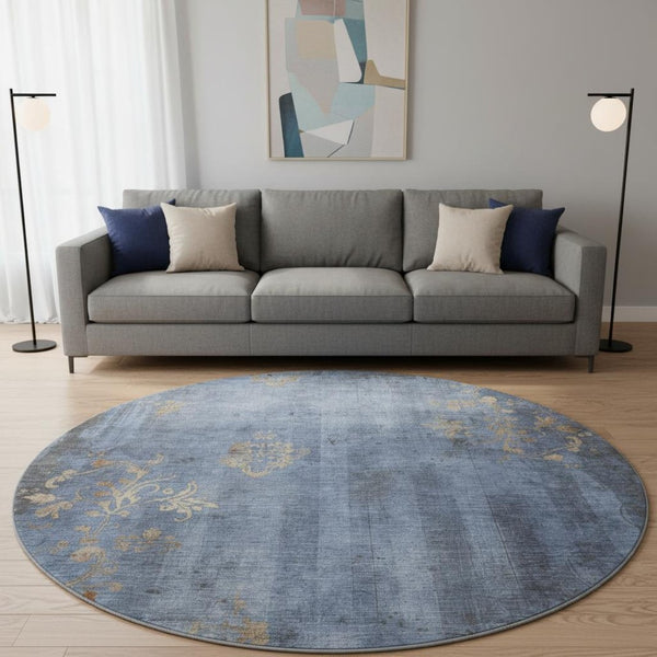HomeRoots 8' Floral Denim Blue & Beige Washable Round Rug - Durable, Stain-Resistant with UV Protection! 701416