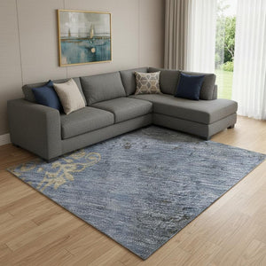 HomeRoots 8' X 10' Denim Blue and Beige Floral Area Rug – Washable, UV Protected, Stain Resistant & Durable! 701417