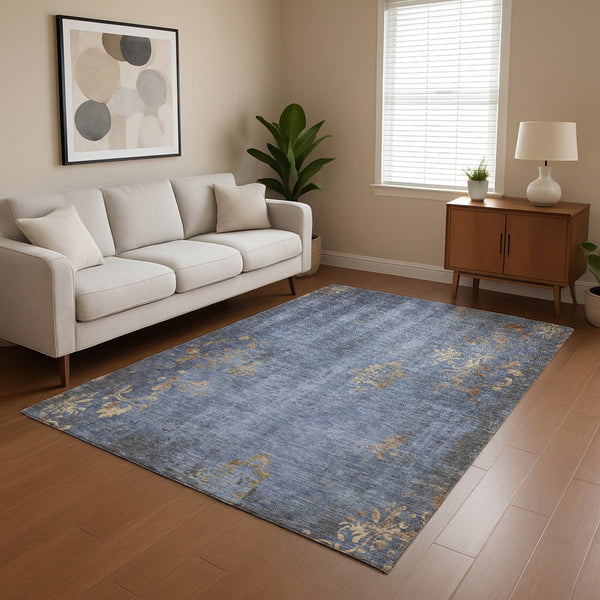 HomeRoots 8' X 10' Denim Blue and Beige Floral Area Rug – Washable, UV Protected, Stain Resistant & Durable! 701417