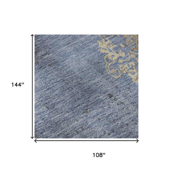 HomeRoots 9' Denim Blue & Beige Floral Washable Area Rug - UV Protected, Stain Resistant, Non-Slip Backing 701418