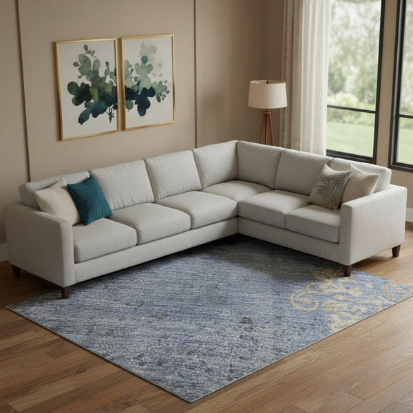 HomeRoots 9' Denim Blue & Beige Floral Washable Area Rug - UV Protected, Stain Resistant, Non-Slip Backing 701418