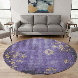 HomeRoots 8' Purple and Gold Floral Round Rug – Washable, UV Protected, Stain Resistant for Indoor and Outdoor Use 701422